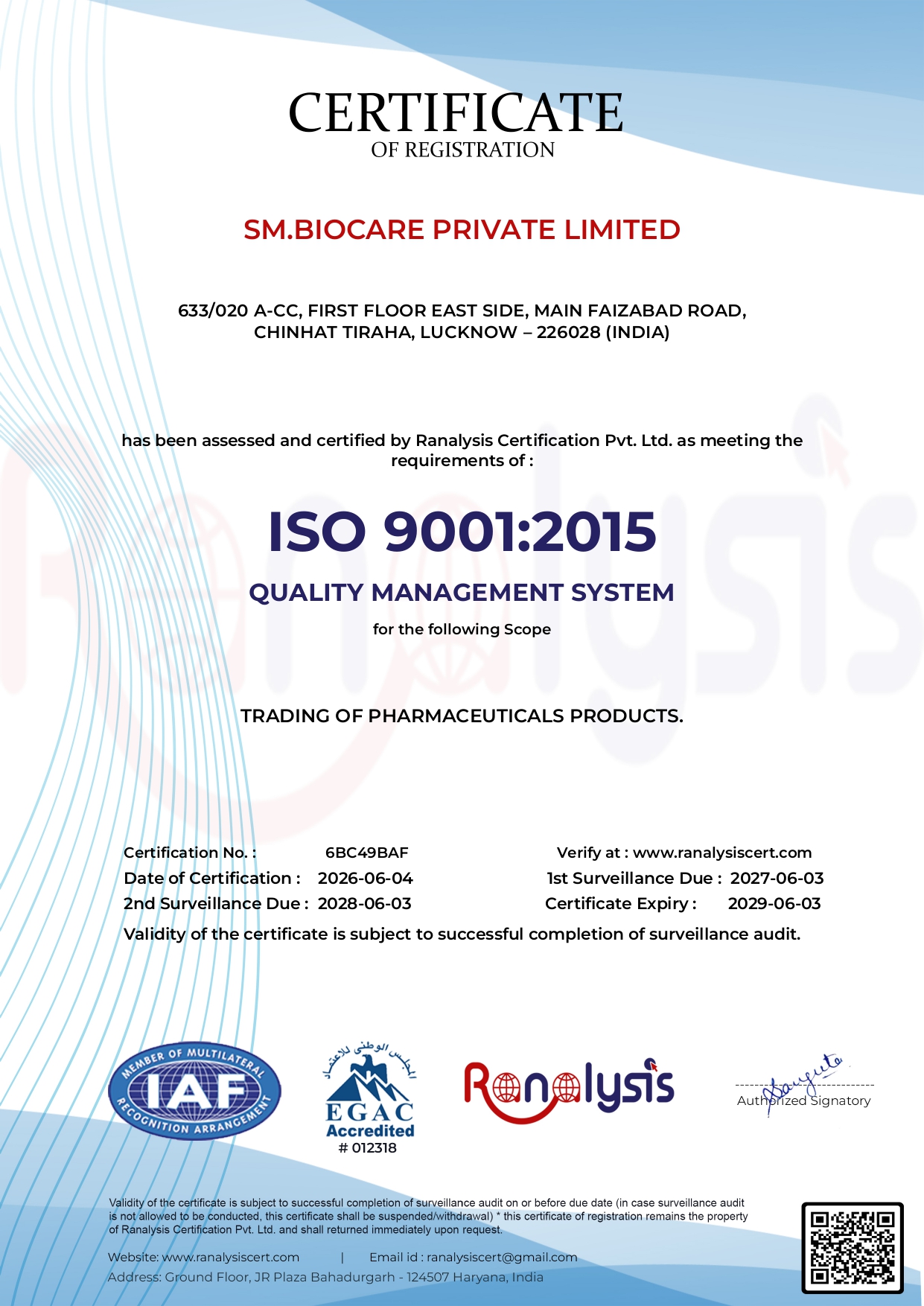 SM BIOCARE quality certification document